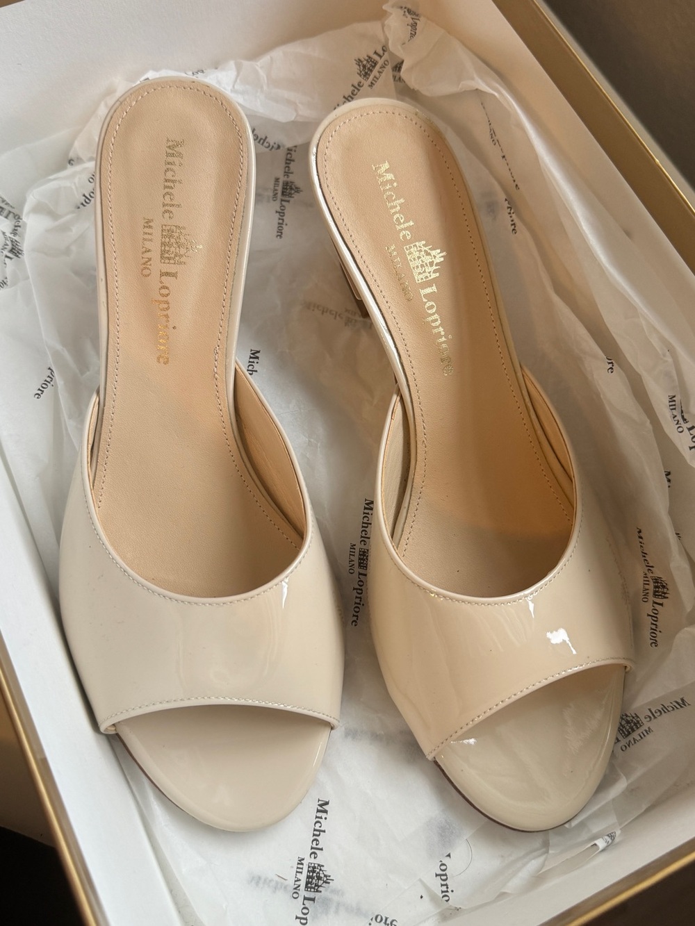 Michele Lopriore Italy Nude Patent Leather Kitten Heel Mules EU 36 US 5.5
